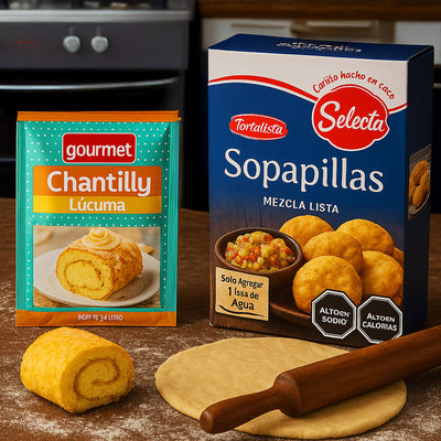 Gourmet Chantilly lúcuma mix y Selecta Sopapillas dough mix sobre una mesa de madera rústica con harina, un bollo suizo, masa estirada y un rodillo de madera.
