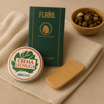 Dos productos de cuidado personal sobre una suave toalla beige junto a un cuenco de madera con flores secas, con una iluminación cálida y difusa estilo spa.
