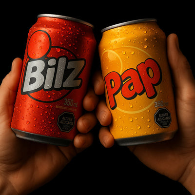 Dos manos brindando con latas de refresco Bilz y Pap sobre fondo negro, con gotas de condensación en las latas.