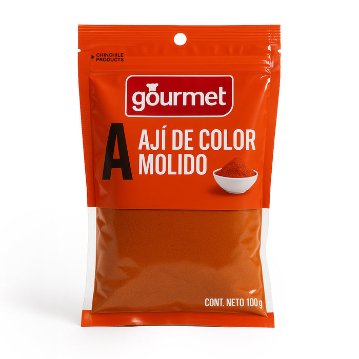 Package of Gourmet brand ground chili pepper (Ají de Color Molido) 100g on a white background.