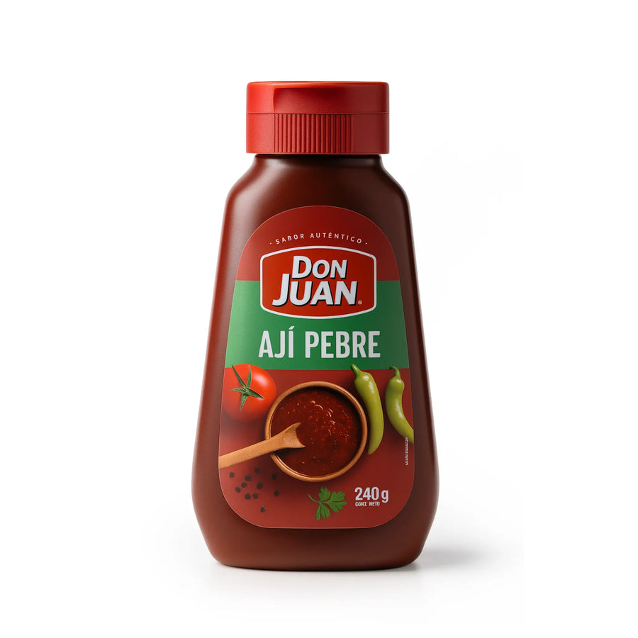 Don Juan Ají Pebre Chilean hot sauce in a 240g squeeze bottle - spicy condiment made with ají pebre, tomato, and garlic.