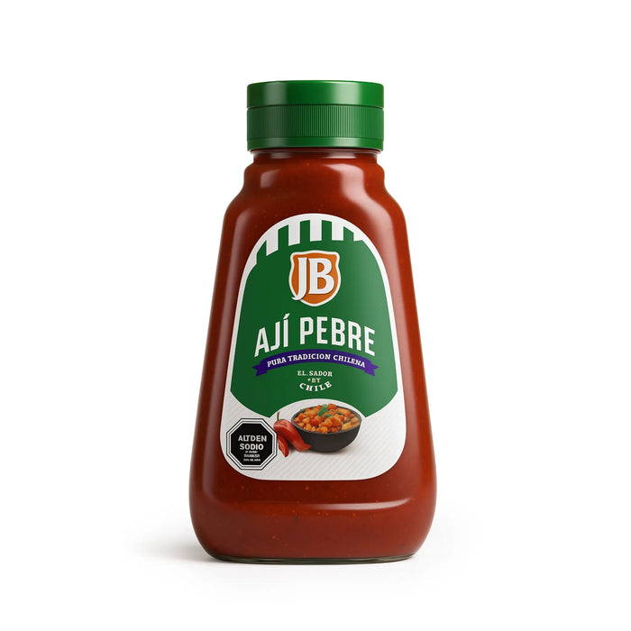 Bottle of JB Aji Pebre sauce on a white background