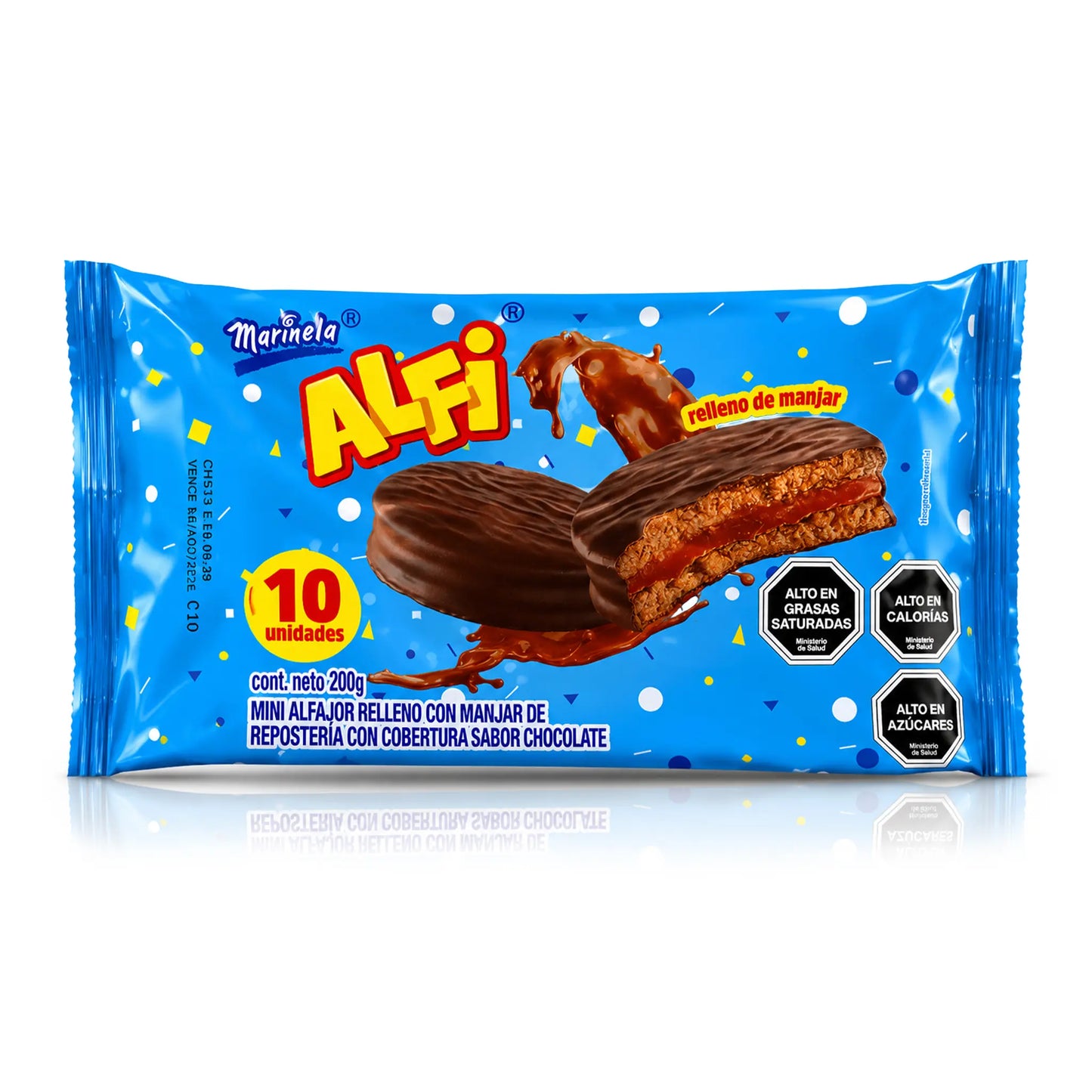 Paquete de alfajores de chocolate Marinela Alfi sobre fondo blanco