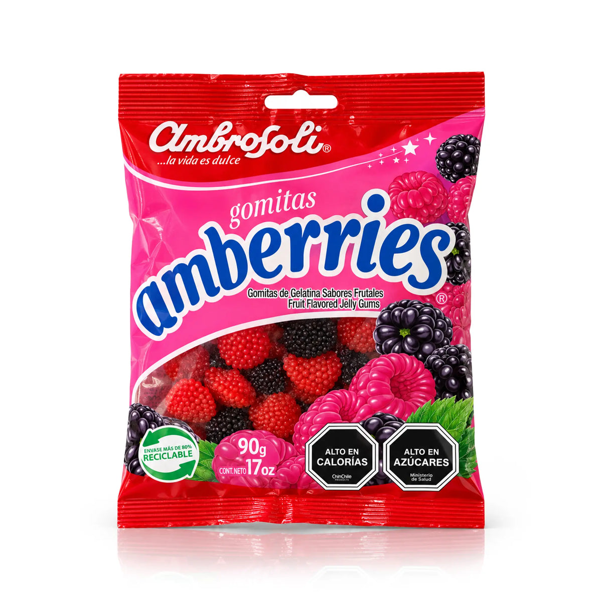 Una bolsa de 3,17 oz (90 g) de Ambrosoli Amberries, gominolas chilenas con forma de frambuesas y moras