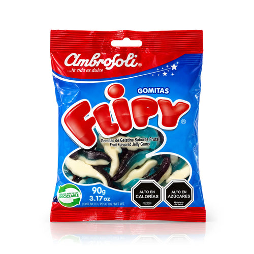 A 3.17 oz (90 g) bag of Ambrosoli Flipy, Chilean dolphin shaped gummies in blue, white and dark purple