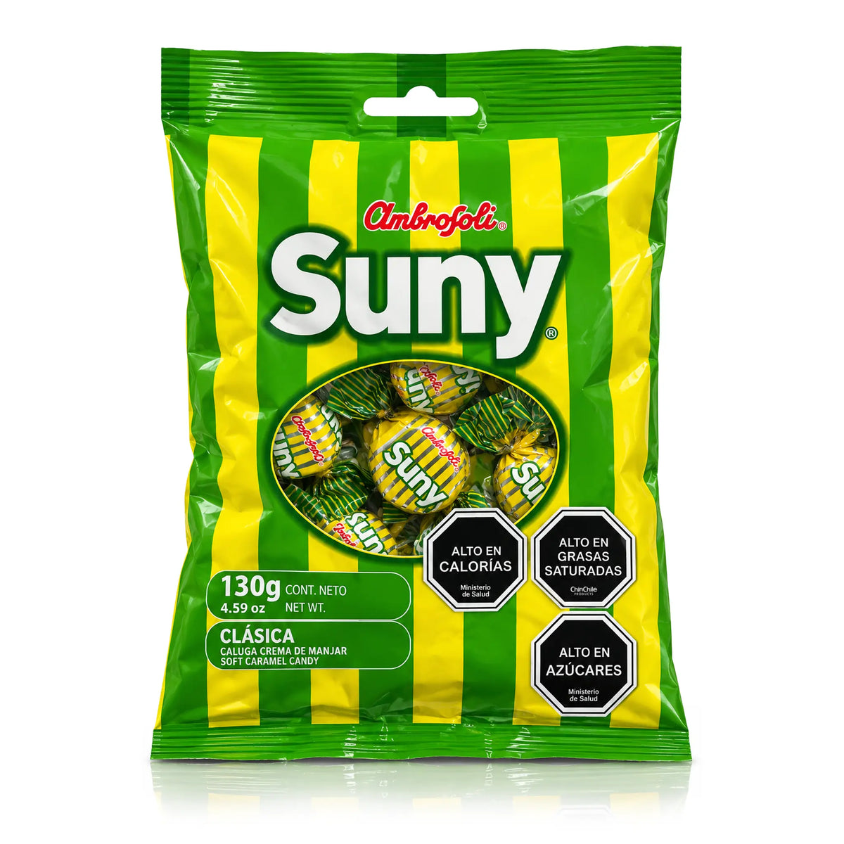 A 130g bag of Ambrosoli Suny Classic Caramel Candy, featuring green and yellow vertical stripes with the brand name 'Suny' in large white letters.