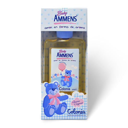 Un frasco de 210 ml de Colonia Baby Ammens en una caja azul. Importado de Chile.