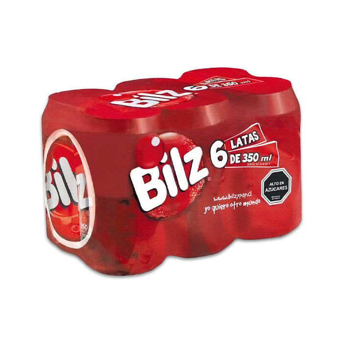 Six bright red cans of Bilz soda wrapped in a red plastic packaging.