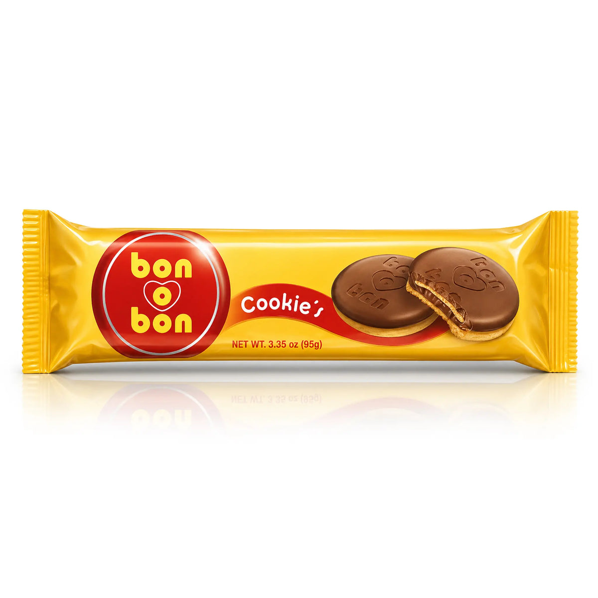 Un paquete amarillo de galletas de chocolate con un gran logotipo rojo Bon o Bon en la parte delantera.