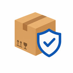 Un icono de una caja de envío con un escudo azul sobre un fondo blanco.