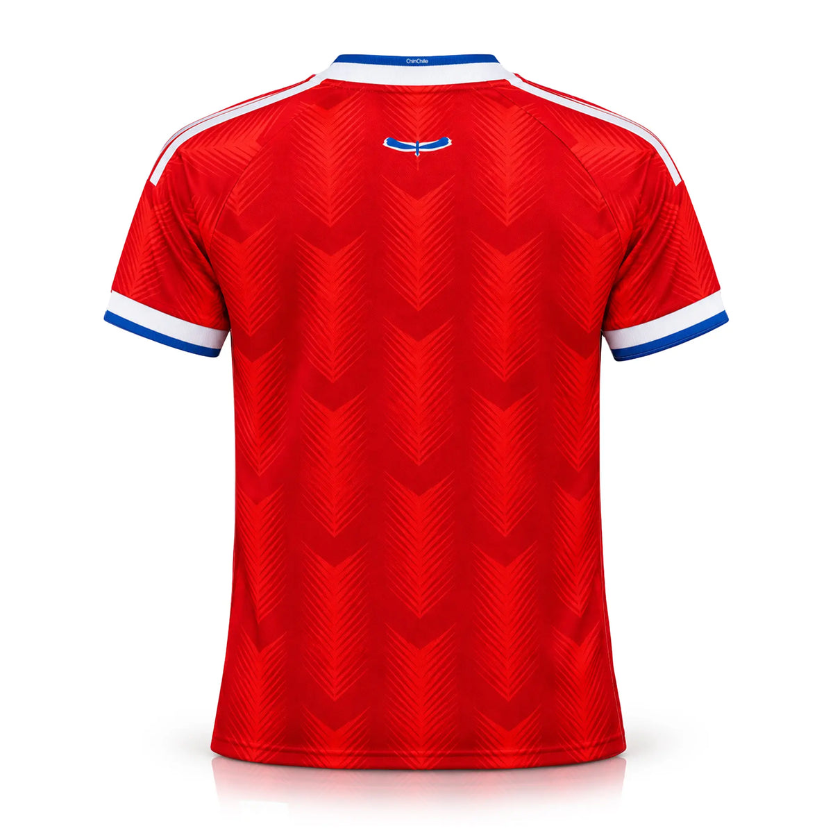 Chile National Team Style Soccer Jersey back view featuring classic red design, white shoulder accents, and blue-and-white collar and sleeve details.