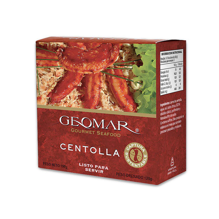 Geomar Centolla gourmet seafood packaging in red with an image of king crab meat and rice.