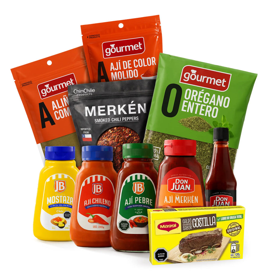 Colección de productos gastronómicos gourmet, incluyendo salsas, especias y una caja sobre fondo blanco.