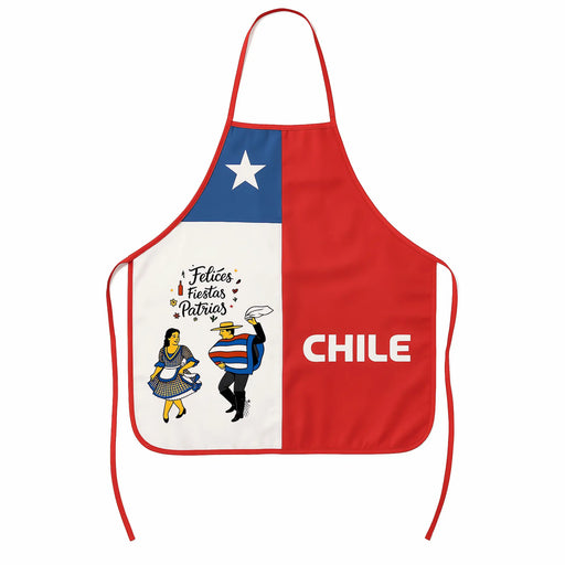 Fiestas Patrias apron featuring Chilean flag and cueca dancers on white background.