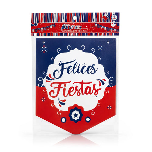 Guirnalda «Viva Chile» del paquete «Big Party», con un banderín azul marino y rojo en el que se lee «Felices Fiestas» dentro de un marco blanco con motivos ornamentales