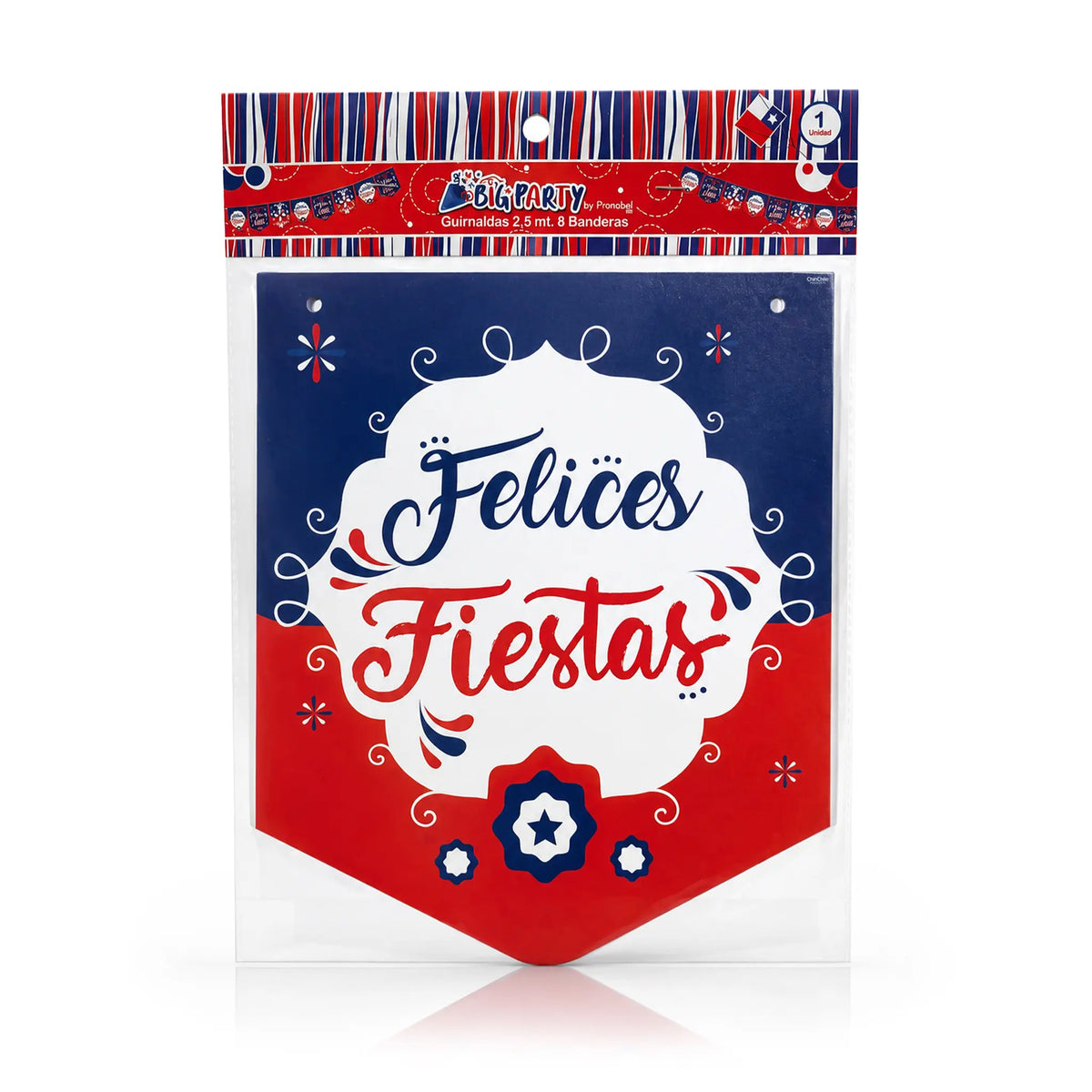 Guirnalda «Viva Chile» del paquete «Big Party», con un banderín azul marino y rojo en el que se lee «Felices Fiestas» dentro de un marco blanco con motivos ornamentales