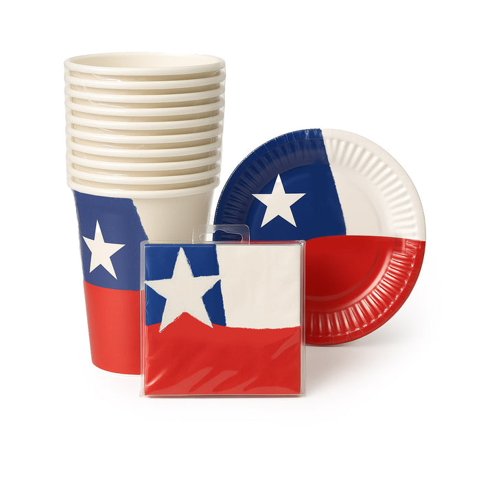 Stack of Chilean flag-themed party supplies including plates, cups, and napkins on a white background.