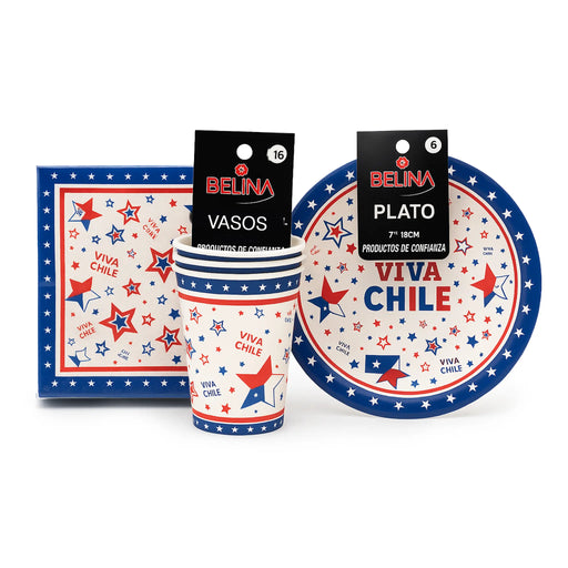 Dishware set with 'Viva Chile' design including a cup, plate, and napkin on a white background.