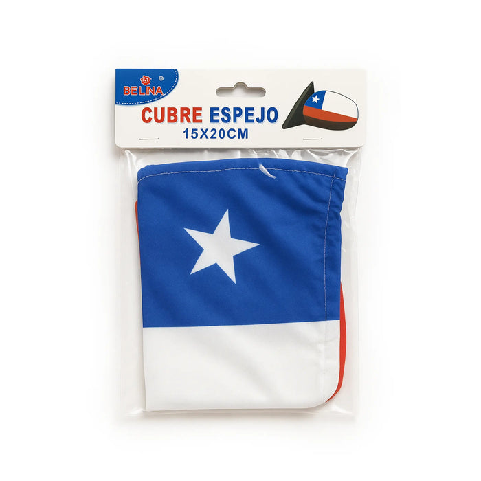 Packaged car mirror cover with Chilean flag design on a white background