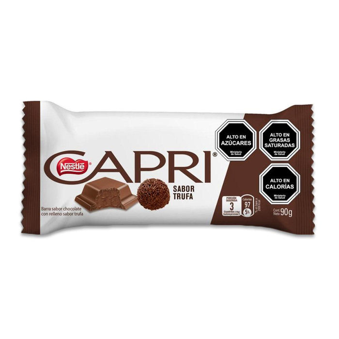 A 90 gram Chocolate Bar with white and brown packaging and trufa on the front.