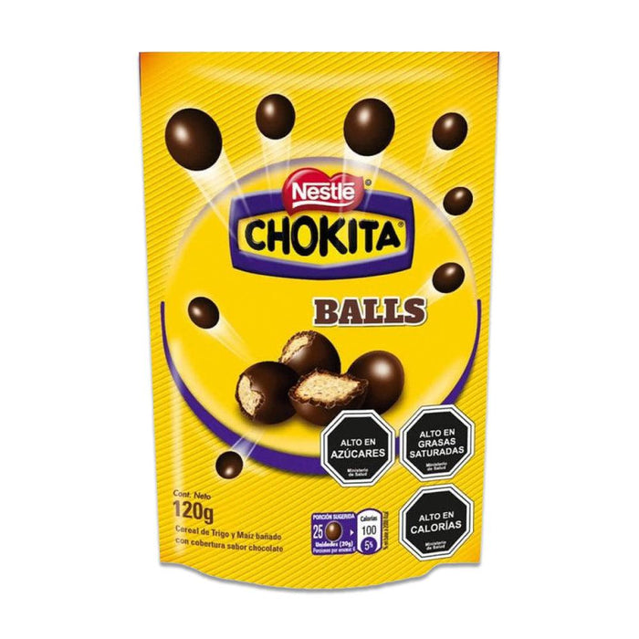 A 120 gram yellow bag of Chokita Balls with a red Nestle logo on the front.