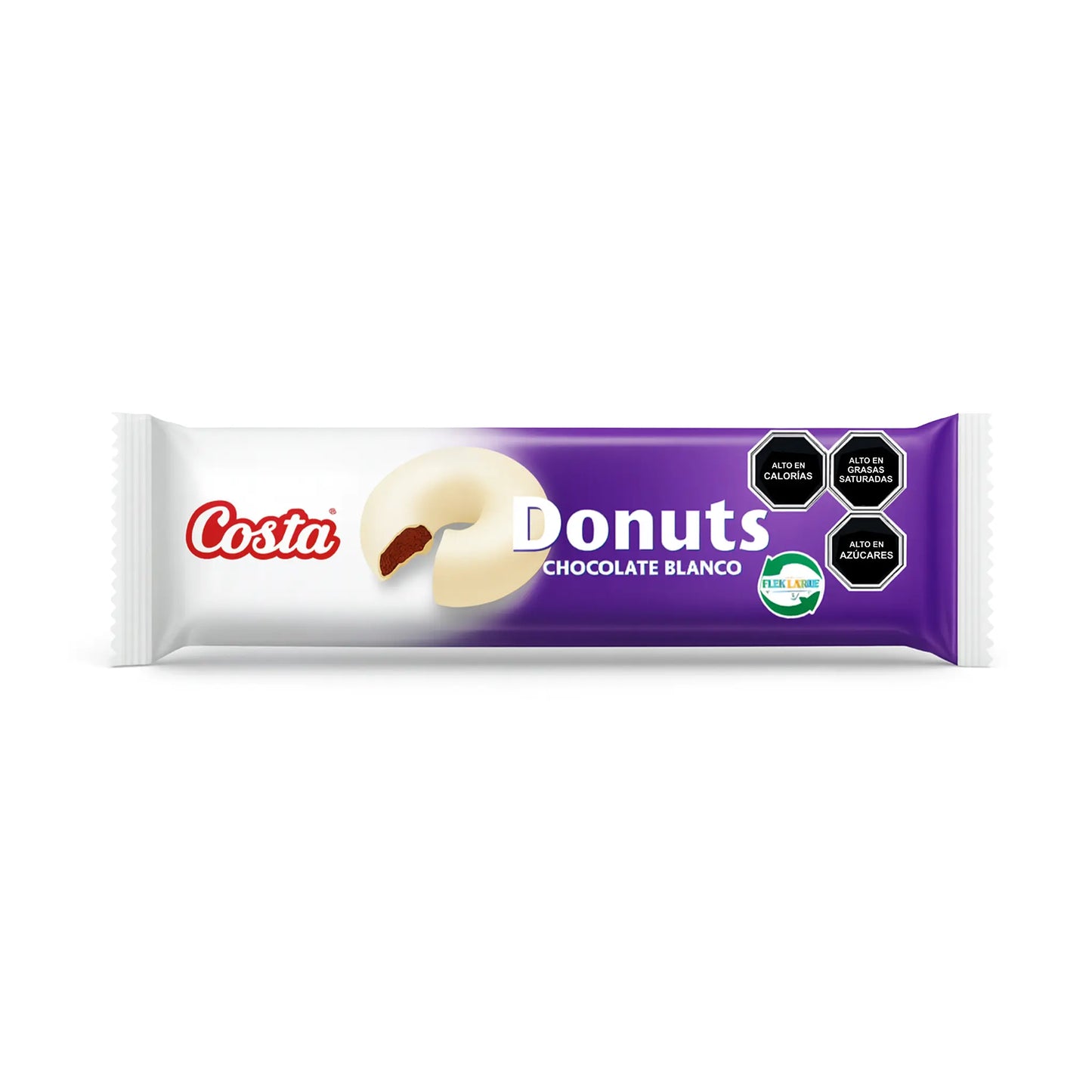 Donuts envasados con la marca Costa sobre fondo blanco