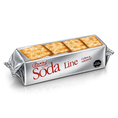 Galletas Soda Line crackers in silver packaging with red text and cracker images on top.