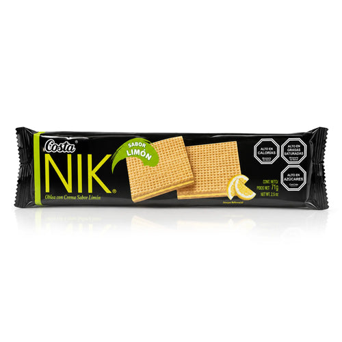Packaged lemon-flavored wafers with Costa Nik branding on a white background