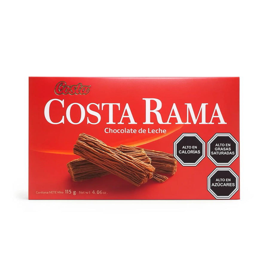 Red box of Costa Rama chocolate de leche with product image and text on a white background