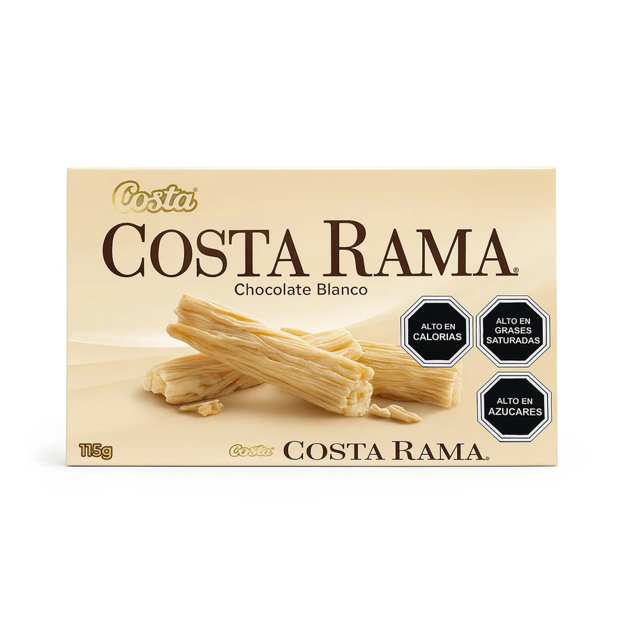 Costa Rama white chocolate packaging with a bar of chocolate on a beige background