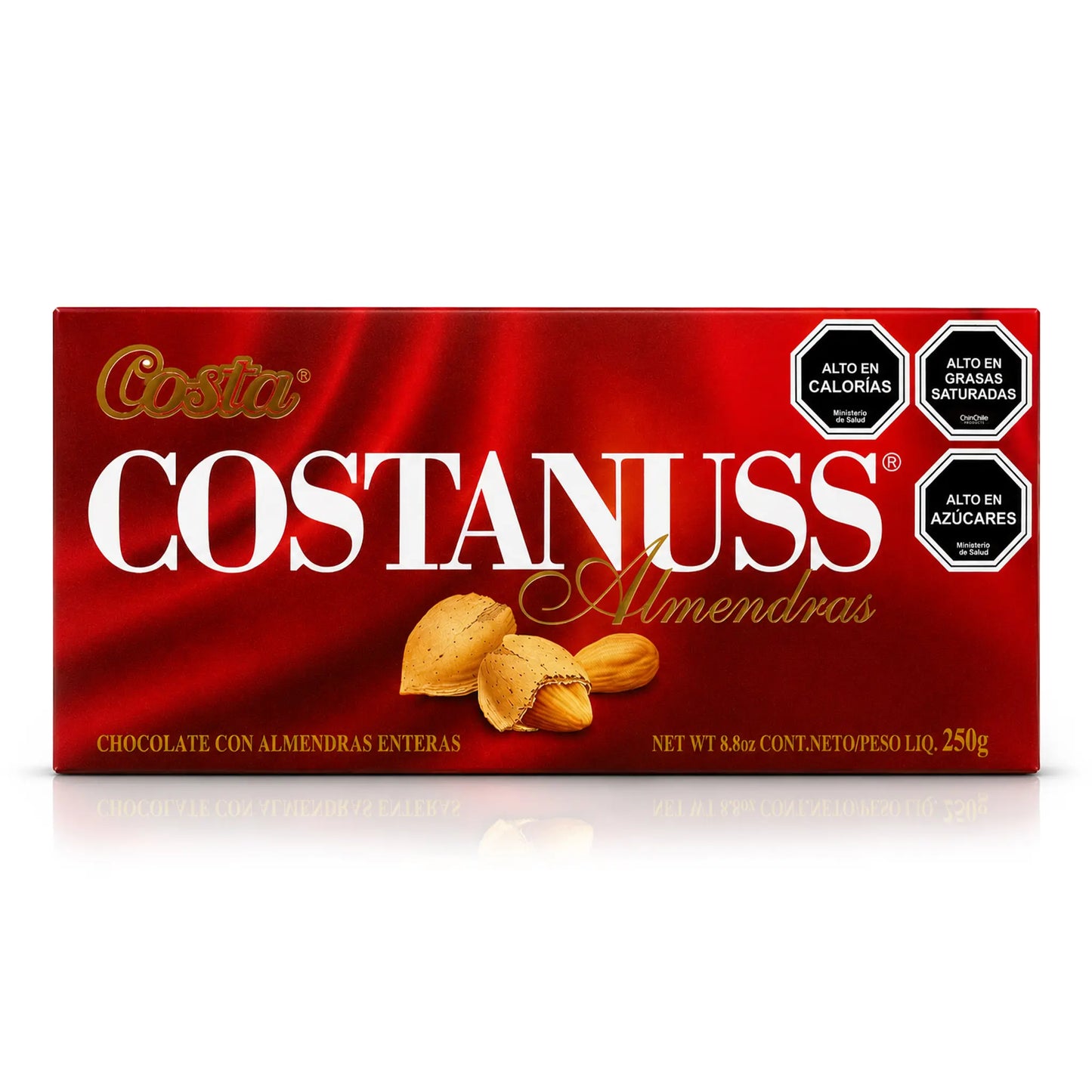 Barrita de chocolate con almendras «Costanuss Almendras» en un envase rojo con letras doradas, en el que se ven imágenes de almendras sobre un fondo blanco con un suave reflejo.