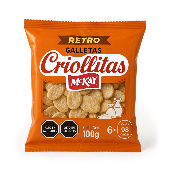 McKay Criollitas Retro Galletas 100g package on a pure white background, showing clear product details including nutritional warnings and transparent window revealing sugar-coated cookies.