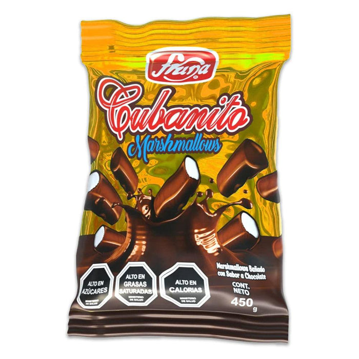 A Golden bag with chocolate marshmallows splashing into chocolate.
