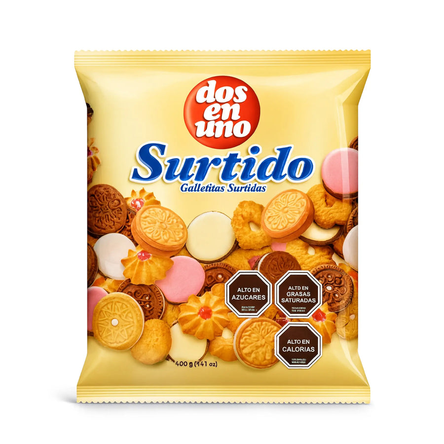 Dos en Uno Surtido - Mezcla de galletas surtidas de 400 g sobre fondo blanco.