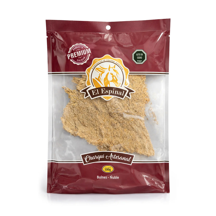 El Espinal Charqui Artesanal Carne seca de caballo chilena, bolsa de 100 g sobre fondo blanco.