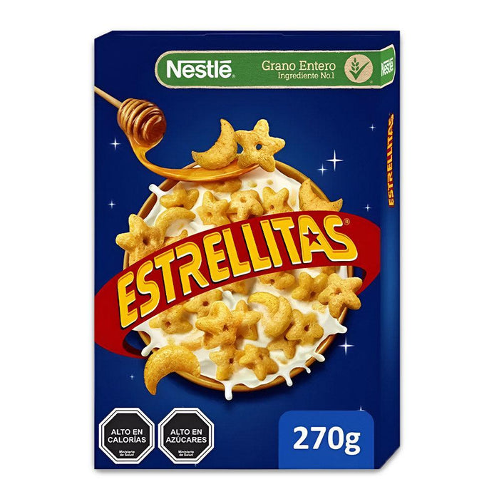 A 270 gram box of Estrellitas cereal with a bowl of star shaped honey kissed cereal.