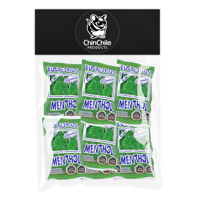 A 10 pack of small green bags of eucaliptus gummy candy. A traditional candy of Chile.