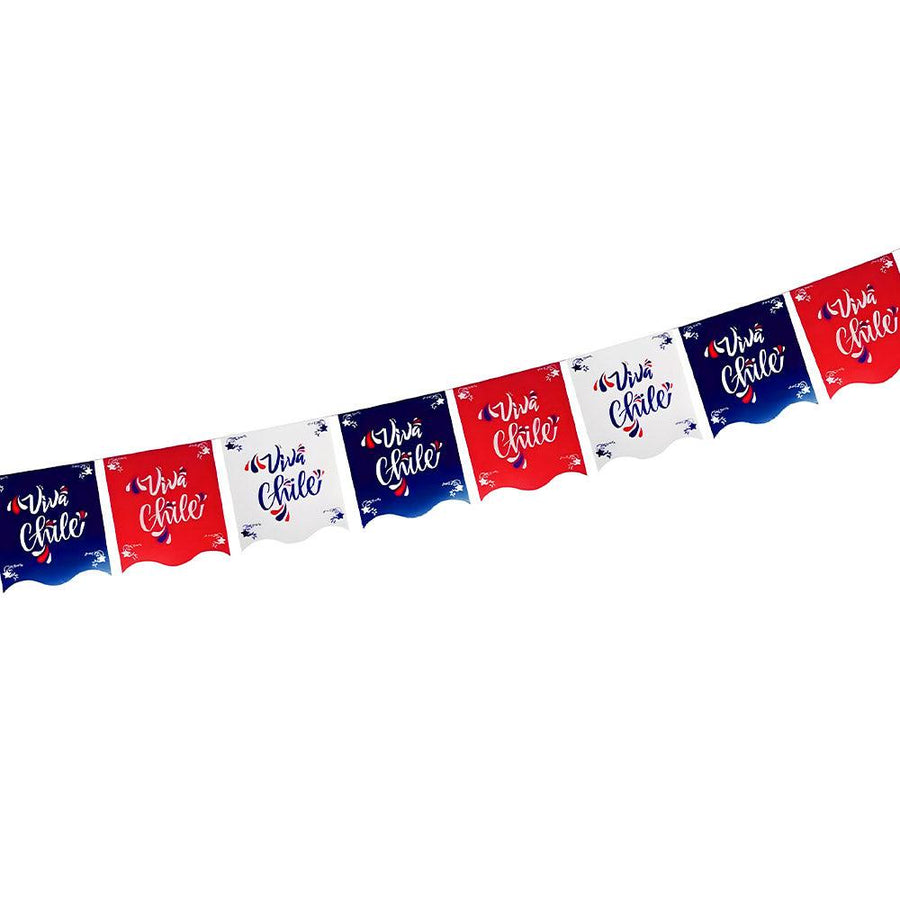 una ristra de banderines de carton rojo, blancas y azules que dicen "viva Chile".