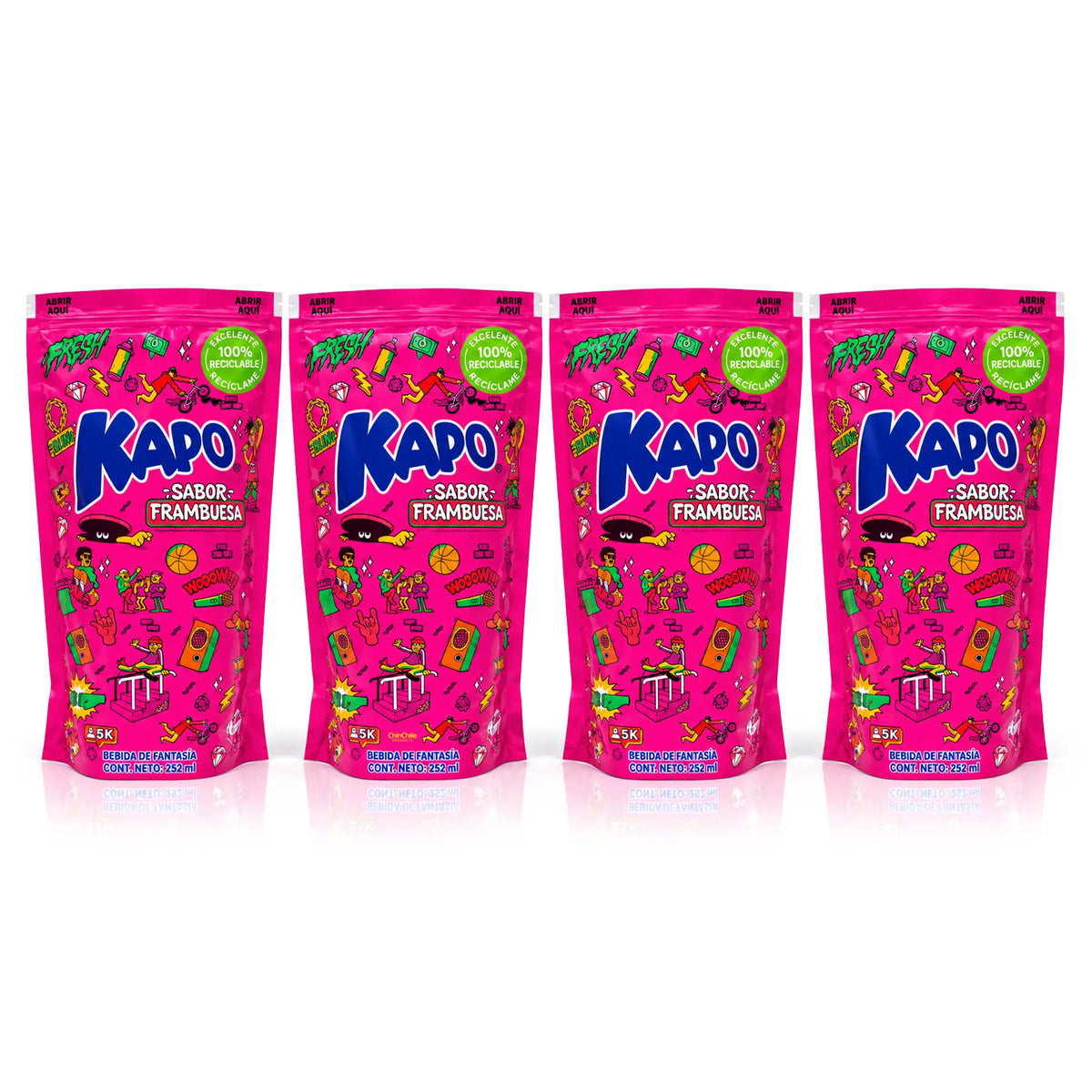 Kapo Sabor Frambuesa 4-pack – four 252 mL raspberry flavored drink pouches from Chile on a white background.