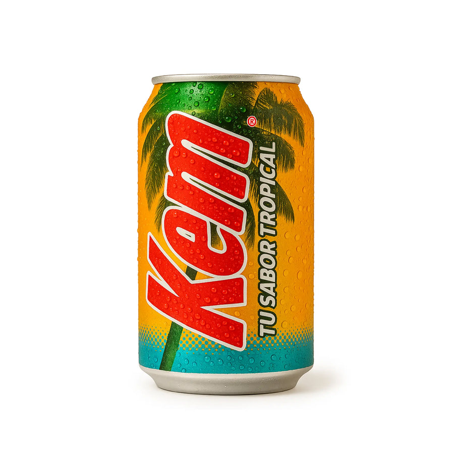 Una lata amarilla de 350 ml de refresco Kem de Chile.