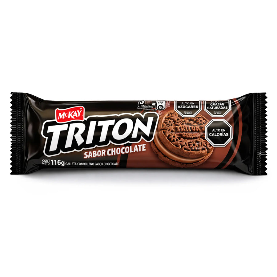 Envase de barritas de galleta con sabor a chocolate Mckay Triton sobre fondo blanco.