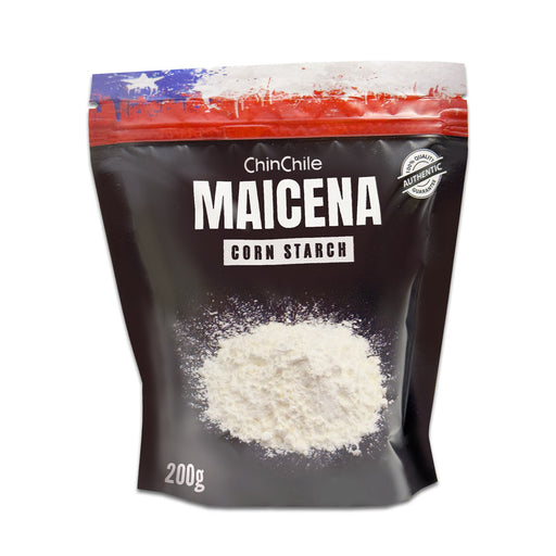 A 200 gram black bag of maicena with corn starch on the front and the chilean flag on the top.