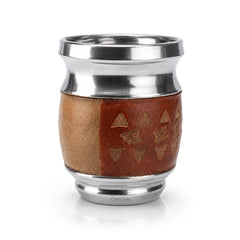 A stainless steel mate cup with a brown leather wrap featuring embossed geometric patterns, on a white background.