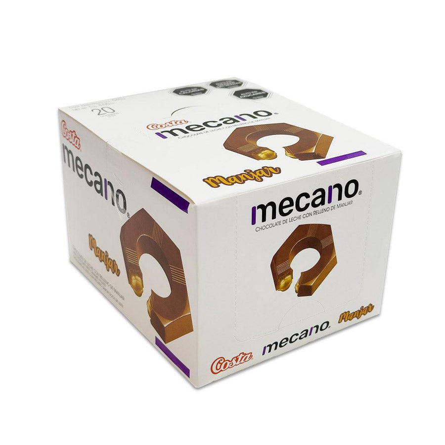 A white 20 unit box of mecano with a chocolate hexagon on the top and sides.