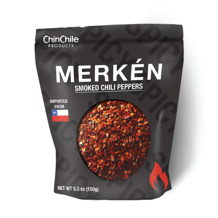 Merkén Smoked Chili Peppers by ChinChile Products – Authentic Chilean spice in a 5.3 oz (150g) resealable bag, featuring a bold smoky flavor made from sun-dried, smoked chili peppers.