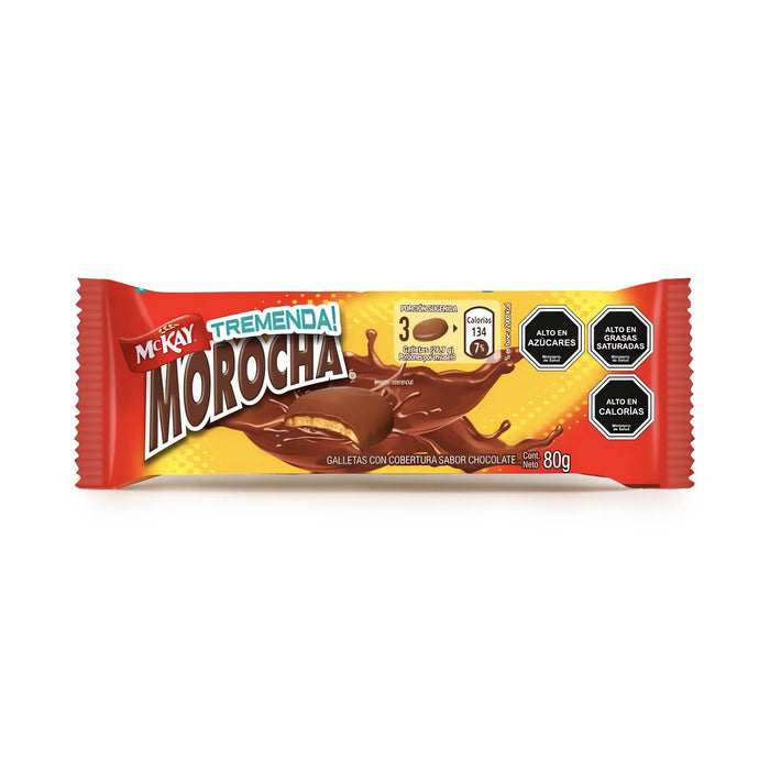 McKay Morocha Tremenda – chocolate-covered vanilla cookies (80g pack) on white background.