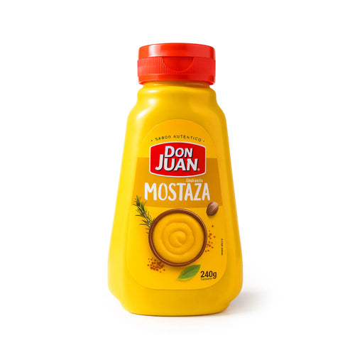 Botella de mostaza con la etiqueta "Don Juan" sobre fondo blanco