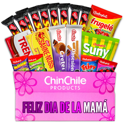 A pink Mothers Day Box filled with Chilean candies, cookies, and chocolates.