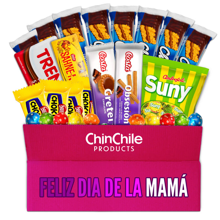 A pink gift box filled with assorted Chilean treats, including chocolates, candies, and cookies, arranged for Mother's Day. The box is labeled "ChinChile Products" with "Feliz Día de la Mamá" written below, celebrating mothers with a variety of sweets.