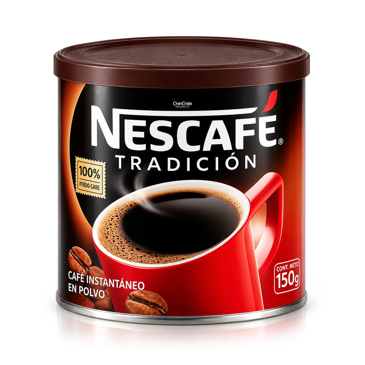 A 150g red and black tin of Nescafe instant coffee from Chile on a white background.